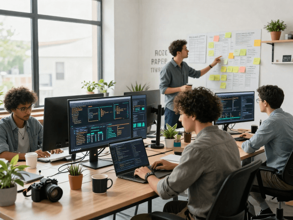 Team collaboration at a modern workspace showcasing crushon ai software development innovation.