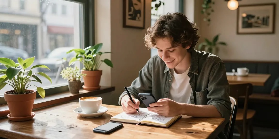 Youthful individual expressing feelings for a crush with latte art and cozy coffee shop vibes.
