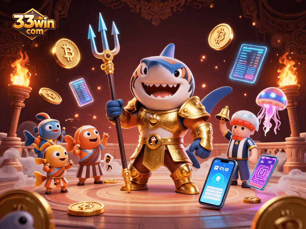 Immerse in winning strategies at 33win com with thrilling underwater gambling action featuring a tiger shark and energetic elements.