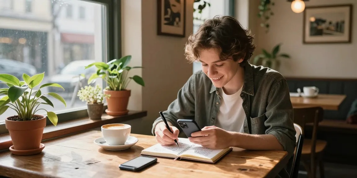 Youthful individual expressing feelings for a crush with latte art and cozy coffee shop vibes.