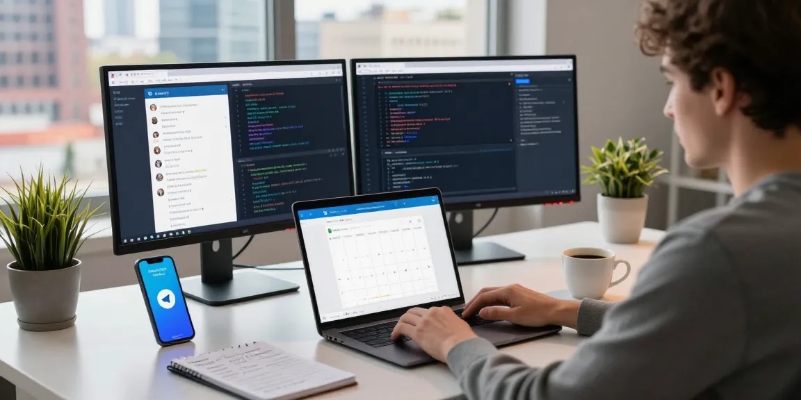 User interacting with Telegram Web Version on laptop in a modern workspace, showcasing productivity tools.