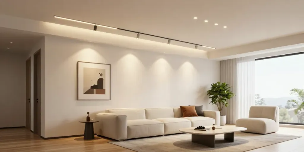 Iluminat modern cu sina magnetică încastrată în interior elegant, evidențiind atmosfera caldă și elegantă a camerei.