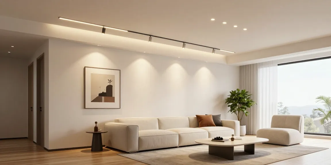 Iluminat modern cu sina magnetică încastrată în interior elegant, evidențiind atmosfera caldă și elegantă a camerei.