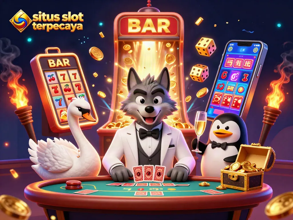 Experience the excitement of situs slot terpercaya with cartoon characters, vibrant casino elements, and dazzling jackpots!