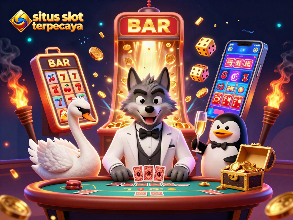 Experience the excitement of situs slot terpercaya with cartoon characters, vibrant casino elements, and dazzling jackpots!