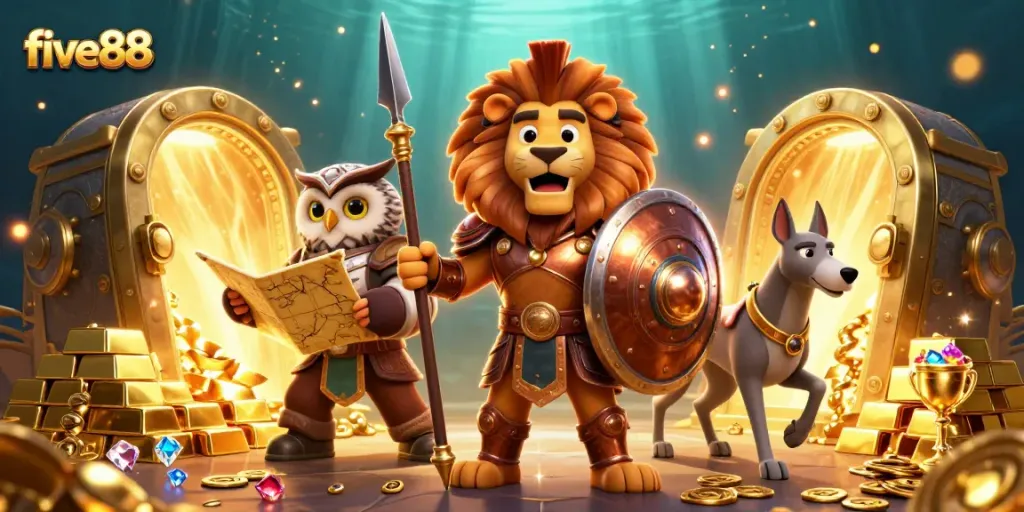 Experience thrilling wins at five88 with dynamic casino elements including gold treasure and vibrant characters.