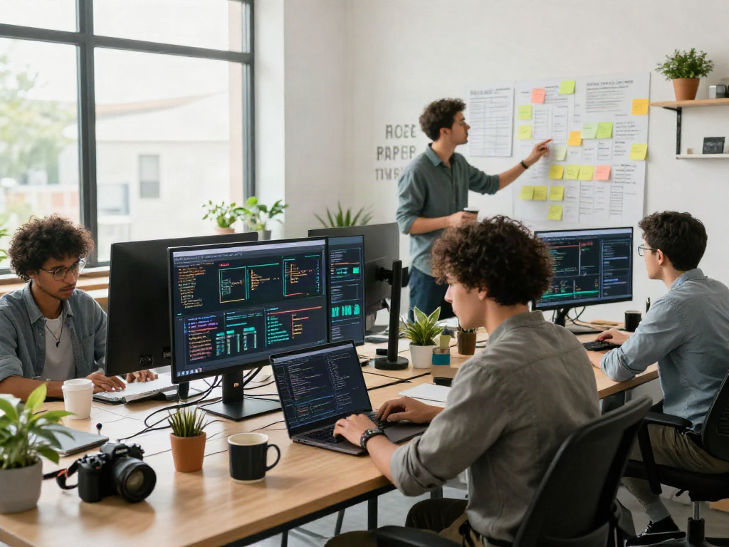 Team collaboration at a modern workspace showcasing crushon ai software development innovation.