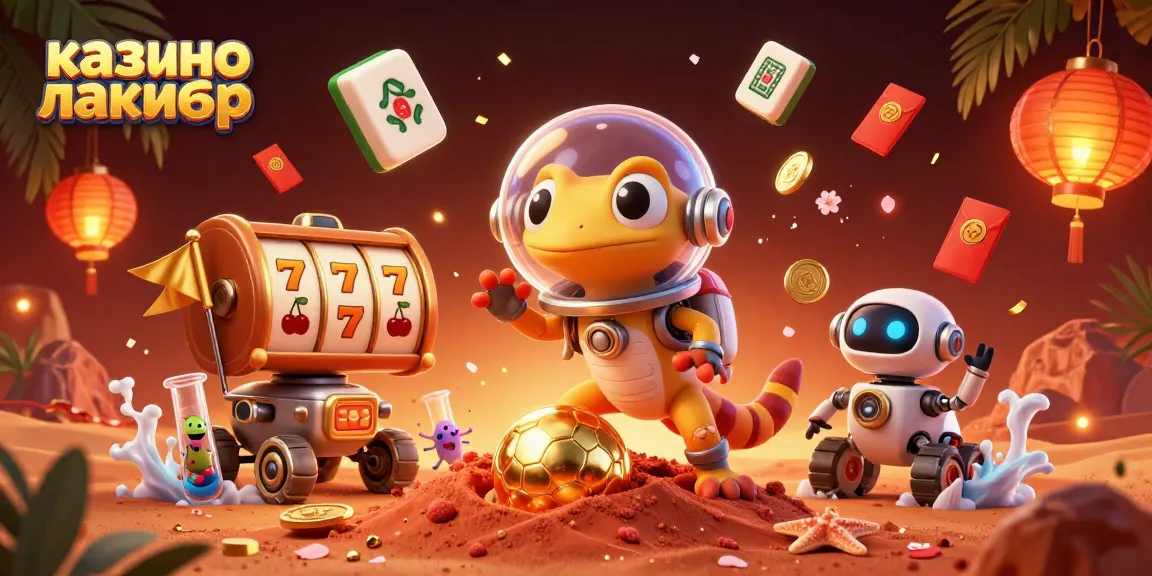 Engage with казино лакибир in this vibrant illustration featuring a Martian gecko discovering a golden casino.