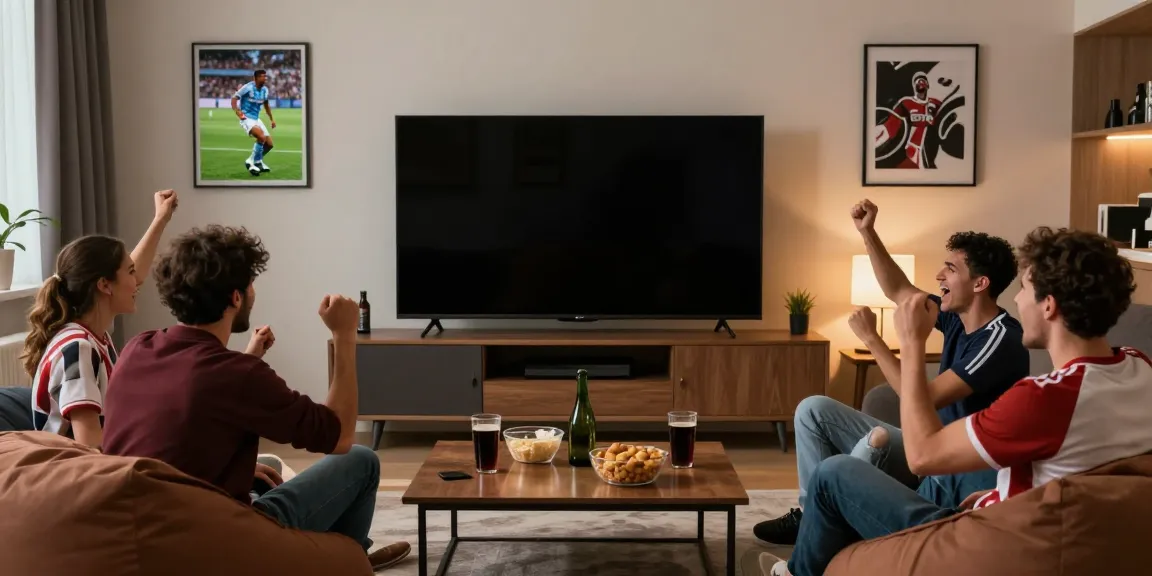 Excited friends watching bóng đá gavangtv on a large screen in a cozy living room.