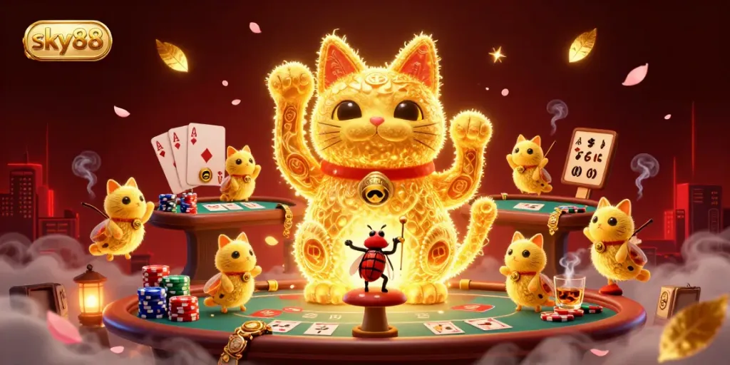 Experience the excitement of sky88 casino with vibrant visuals of a lucky cat and poker elements.