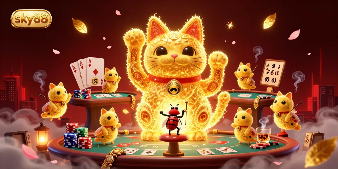 Experience the excitement of sky88 casino with vibrant visuals of a lucky cat and poker elements.