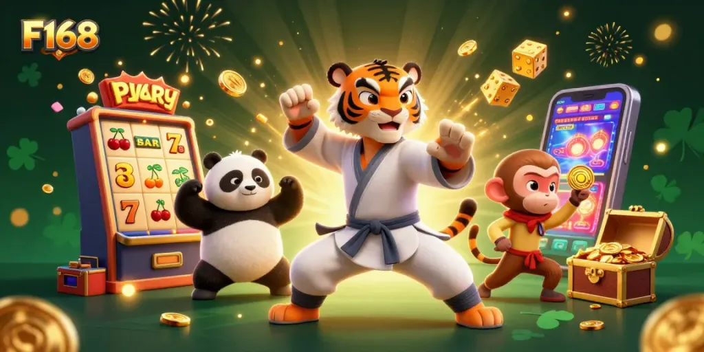 Spin the reels with F168 in a vibrant, dynamic casino scene of fortune and fun.