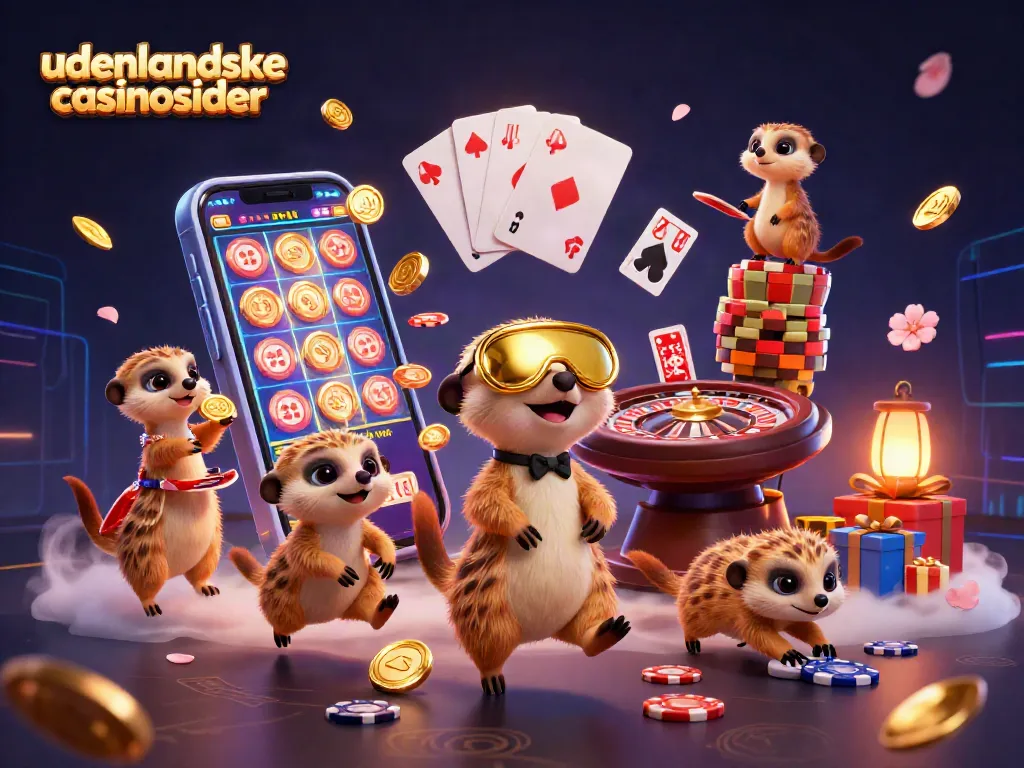 Engaging illustration of udenlandske casino sider with meerkats managing a vibrant casino.