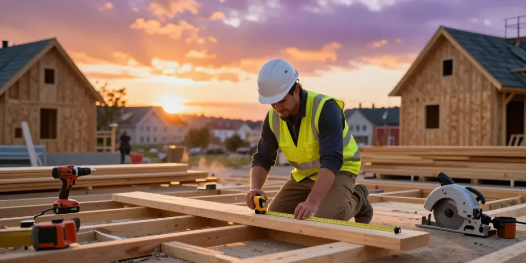 Carpenter at a construction site in Bergen, focused on measuring wood for Bygg Norge projects.