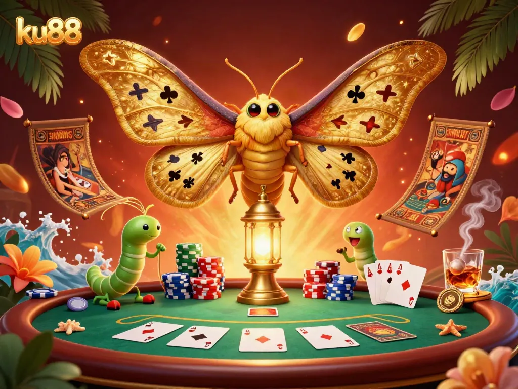 Experience the excitement of ku88's vivid casino scene featuring a vibrant moth and poker elements.