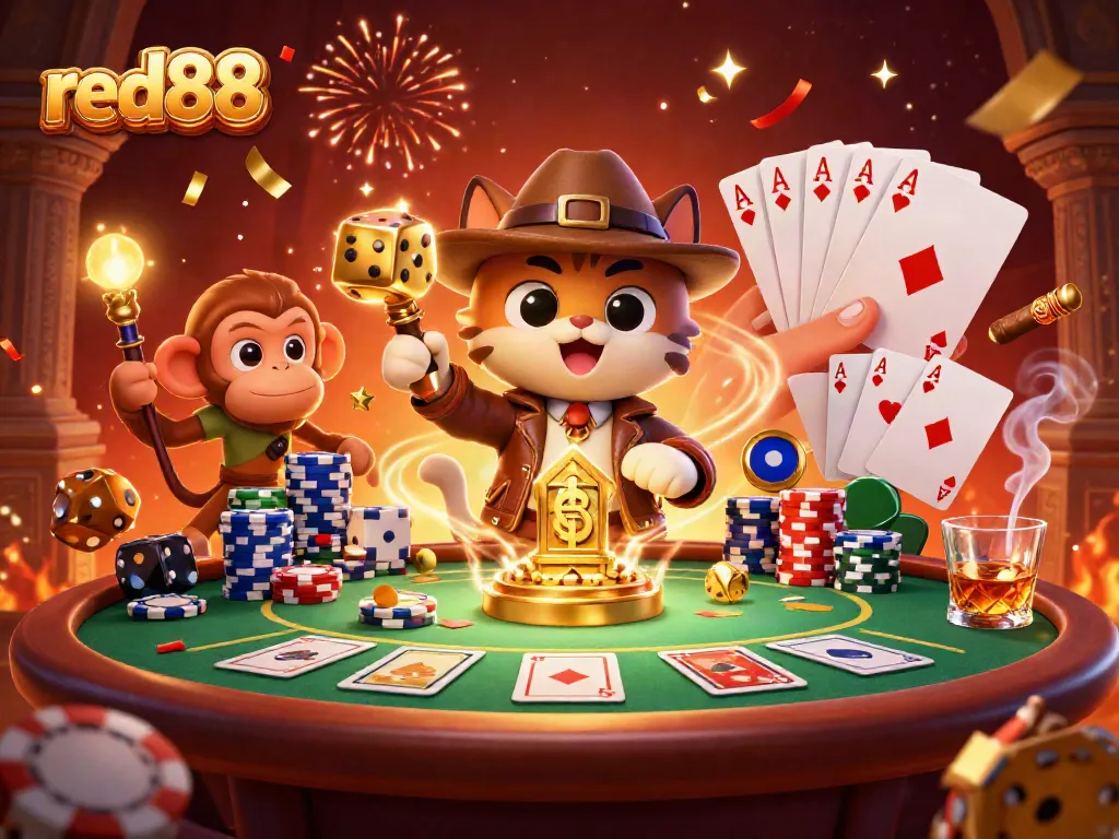 Experience thrilling gaming action at red88 with an archaeologist cat uncovering casino treasures.