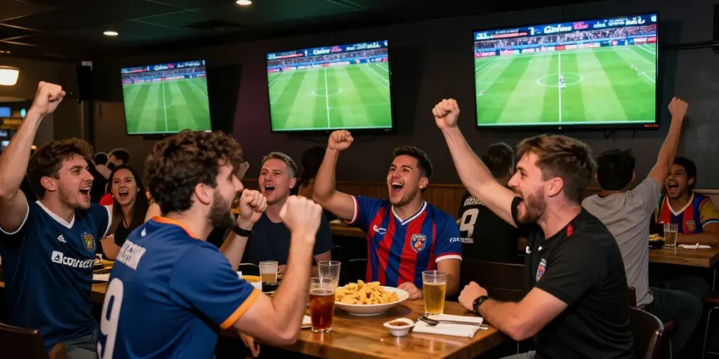 Fans enjoying bóng đá cakhiatv in a lively sports bar atmosphere, cheering for their teams.