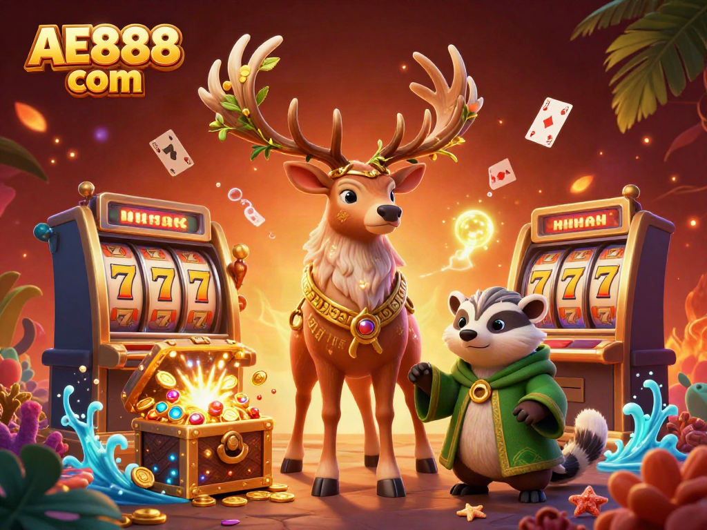 Experience thrilling gaming with AE888 com featuring vibrant 3D characters and slot machines.