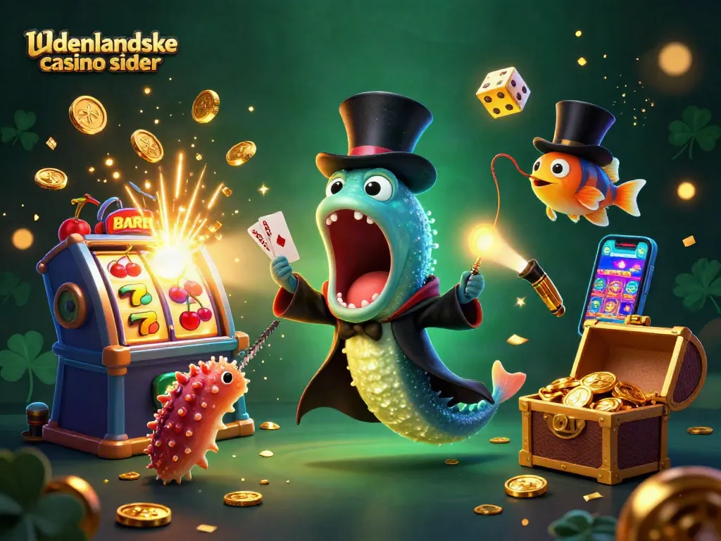 Engage with udenlandske casino sider in a captivating 3D illustration showcasing whimsical casino elements and lively characters.