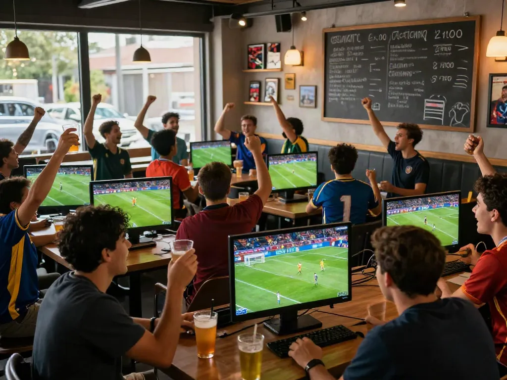 Bóng đá Socolive live match at a bustling sports bar with excited fans celebrating.