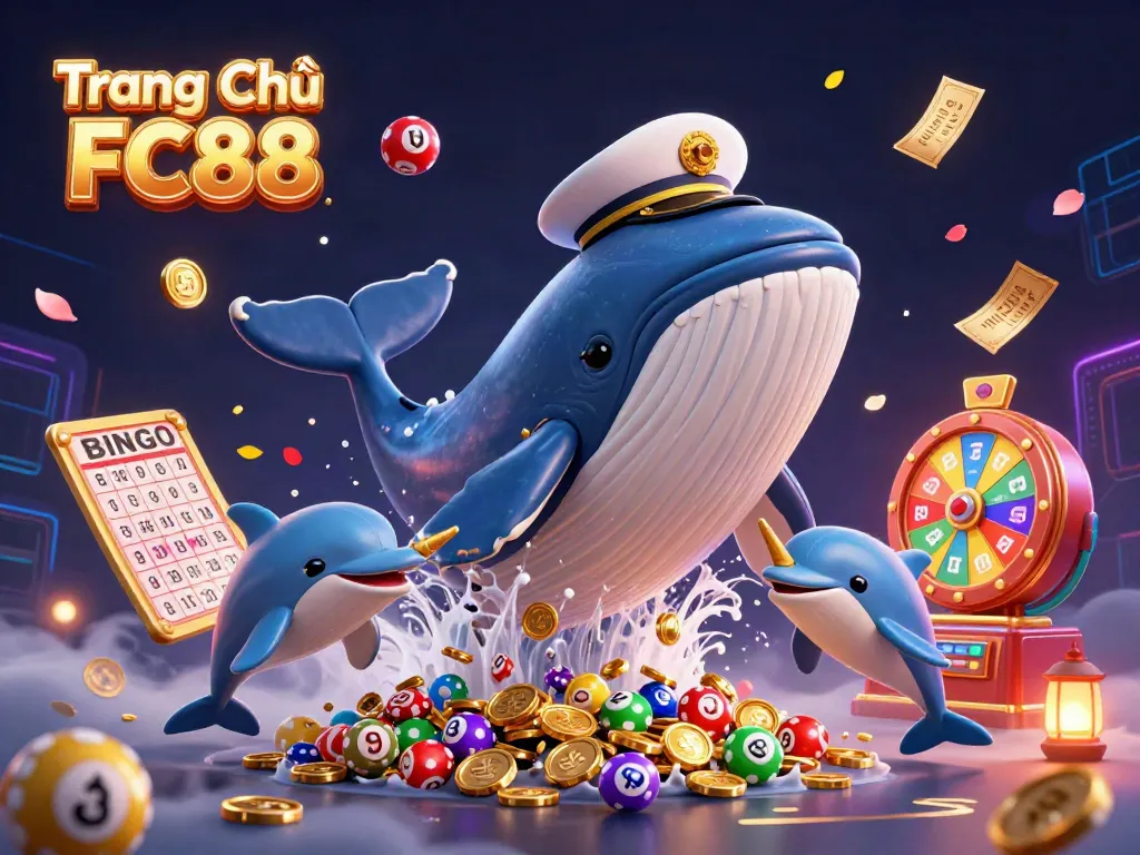 Experience the thrill of Trang Chủ FC88 where a whale breaching through coins, dolphins with poker chips, and dynamic lottery elements create a vibrant casino atmosphere.