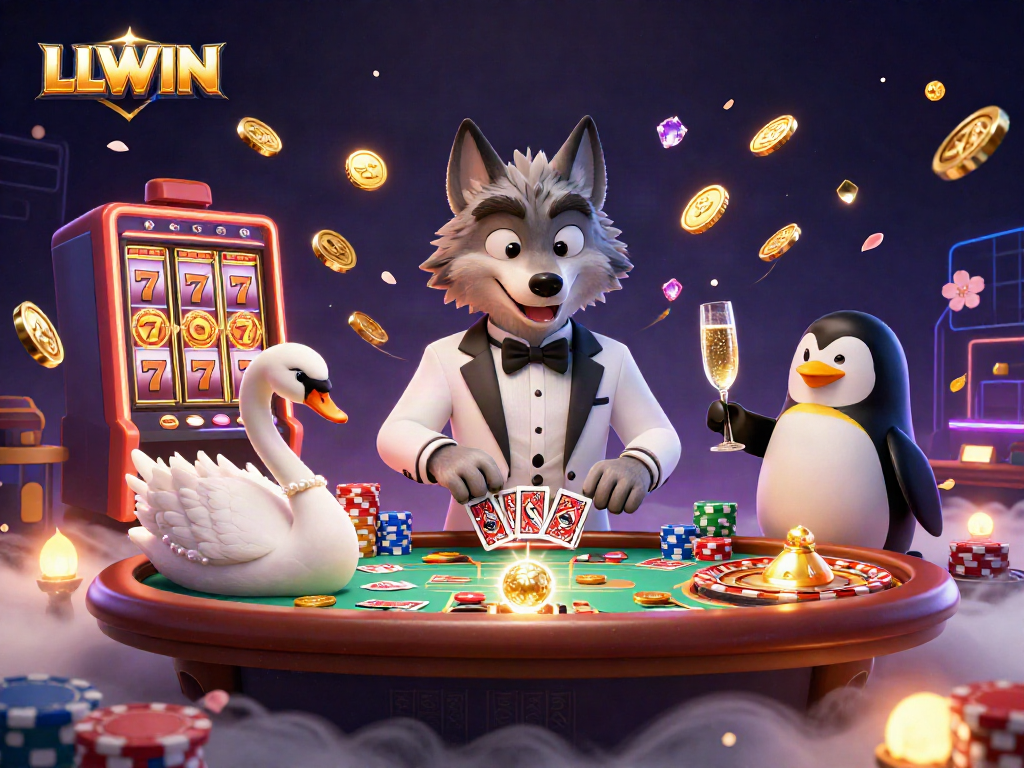 Experience thrilling gameplay with LLWIN, featuring animated characters and dynamic casino elements.