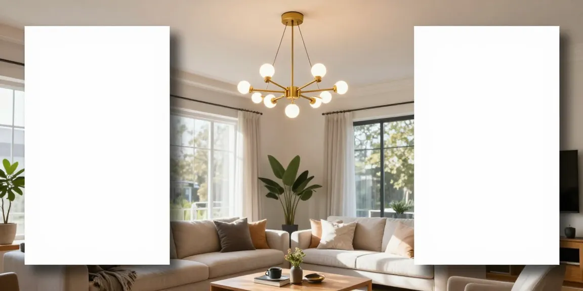 O lustră living modernă și elegantă, corp de iluminat de calitate în mijlocul unui living confortabil, serviciu local.