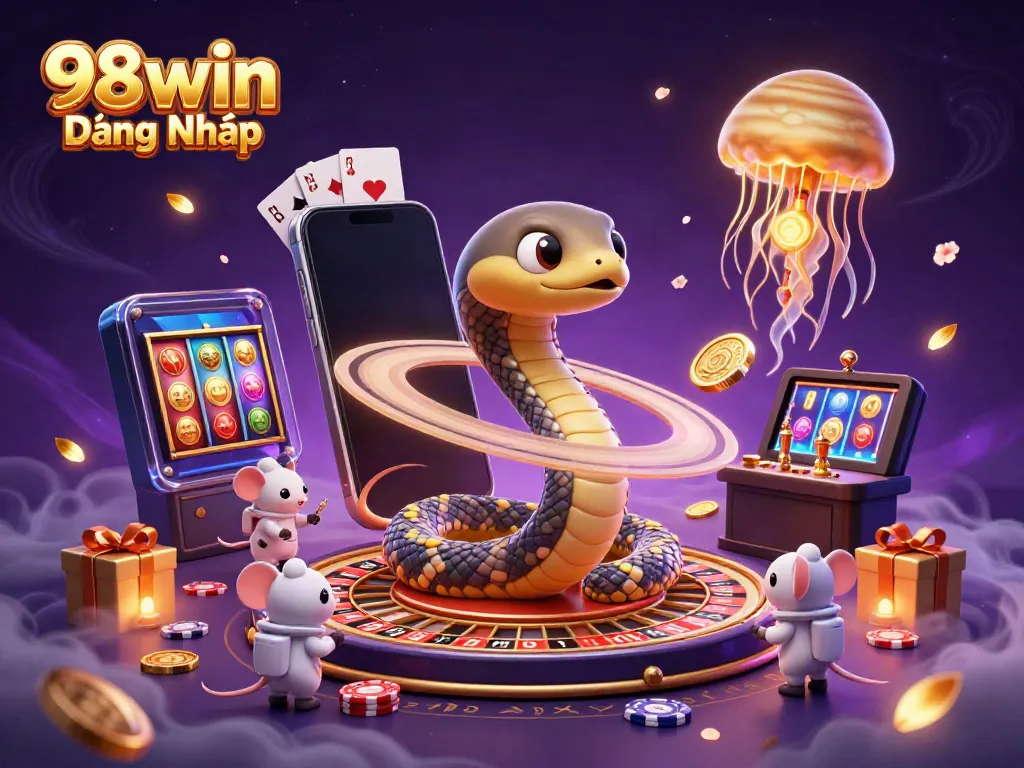 Explore the cosmic fun of 98win Đăng Nhập as cartoon characters engage in vibrant gambling activities.