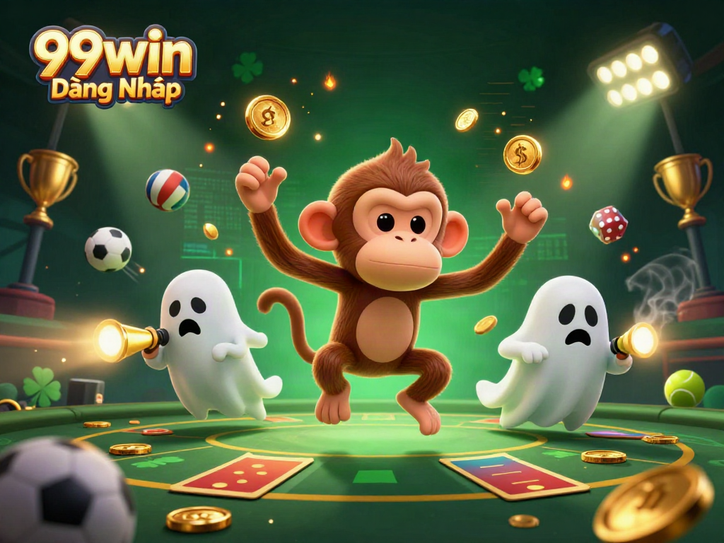 Experience thrilling action at 99win Đăng Nhập with a playful ghost and sports elements in a haunted casino setting.