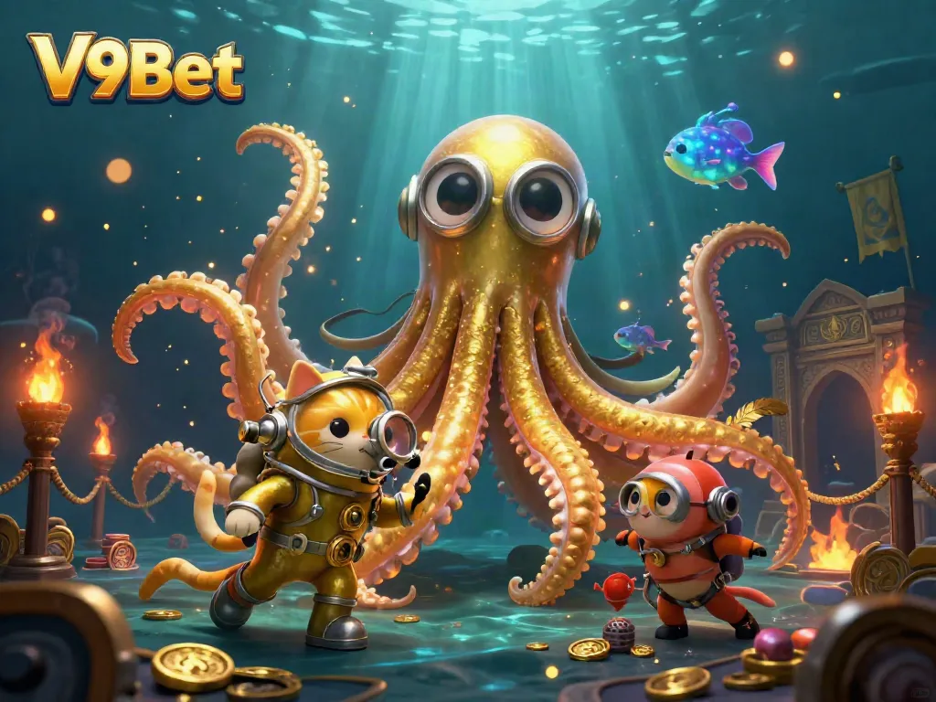 Experience thrilling adventures at V9Bet with a vibrant underwater casino scene filled with excitement.