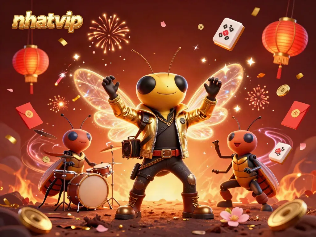 Nhatvip celebrates online gambling with a vibrant 3D illustration showcasing a rock star, drummer, and lively game elements.