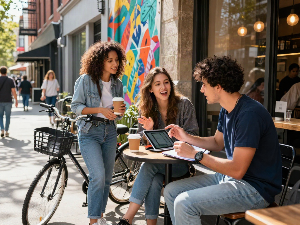 Engaging scene of friends discussing ideas over coffee, highlighting the rokok 88 community spirit.