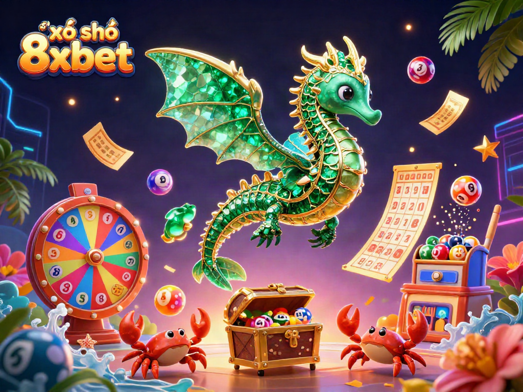 Experience the excitement of xổ số 8xbet with colorful lottery balls, a sea dragon, and dynamic game elements.