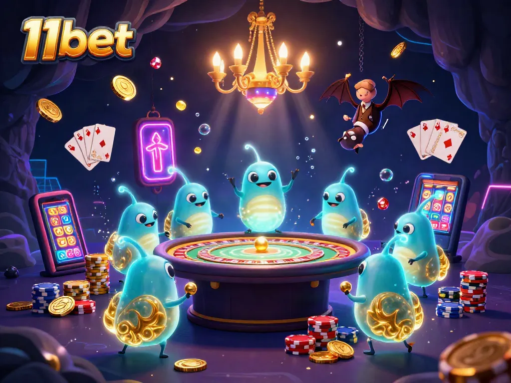 Join the excitement at 11bet with vibrant glowworms and a bat dealer amidst sparkling gambling elements!