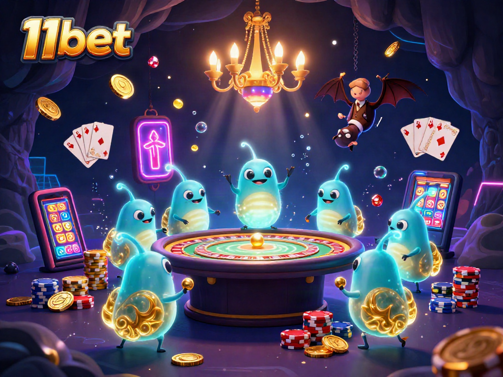 Join the excitement at 11bet with vibrant glowworms and a bat dealer amidst sparkling gambling elements!