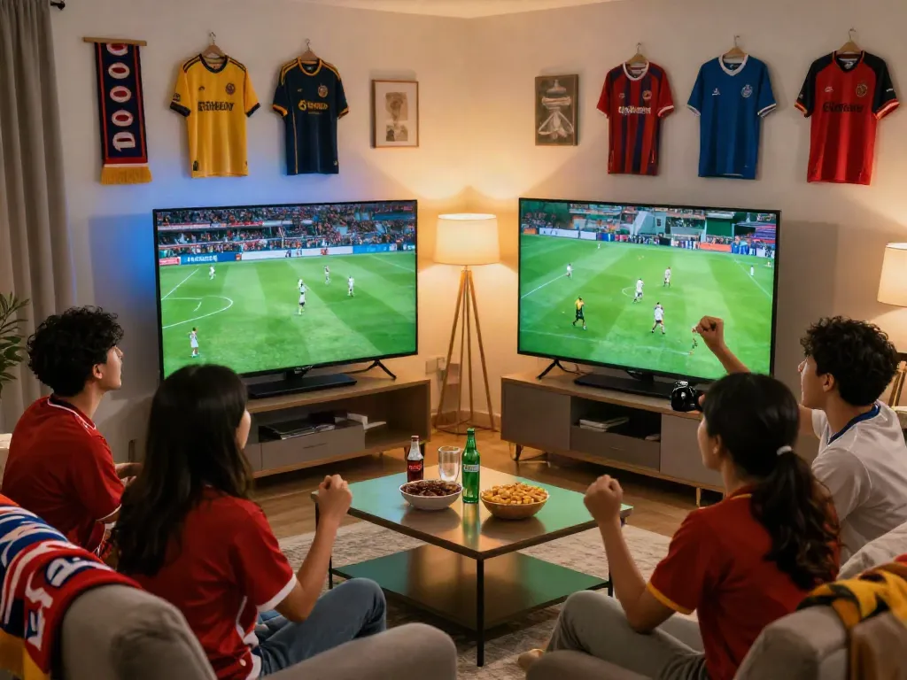 Excited fans enjoying bóng đá cakhiatv together in a cozy living room with snacks and drinks.