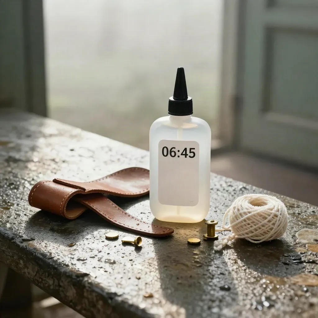 Glue bottle with leather offcut, sole strip, heel taps and lace on a wet cobbler bench.