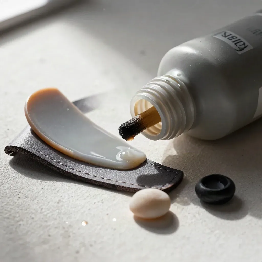 Glue bottle with leather swatch, rubber strip, and stone weight on pale plaster