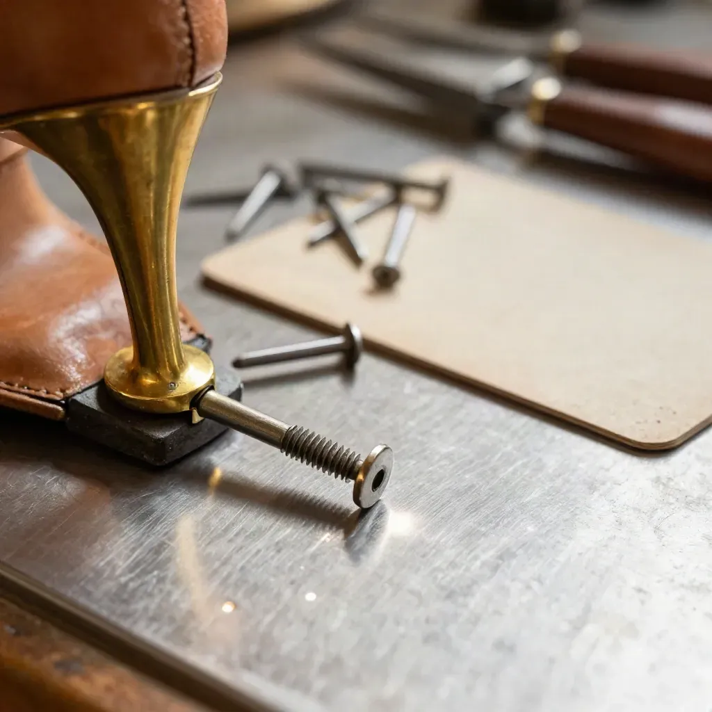 Brass heel taps pack with loose taps, nails, and a worn heel block on brushed metal.