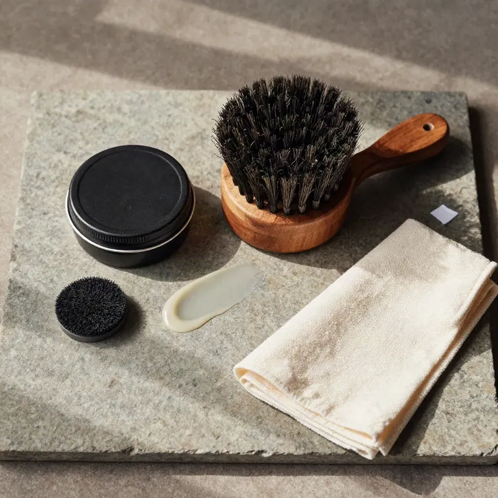 Overhead shoe polish kit flatlay with brush, cream tin, cloth, dauber on stone