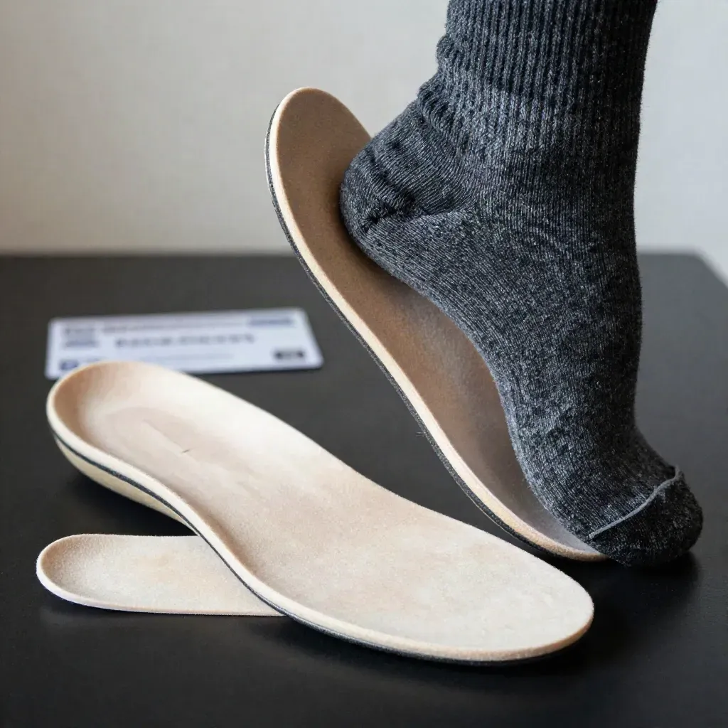 Memory foam insoles with a bent cutaway piece, knit cuff and felt pad on a matte-black studio surface.