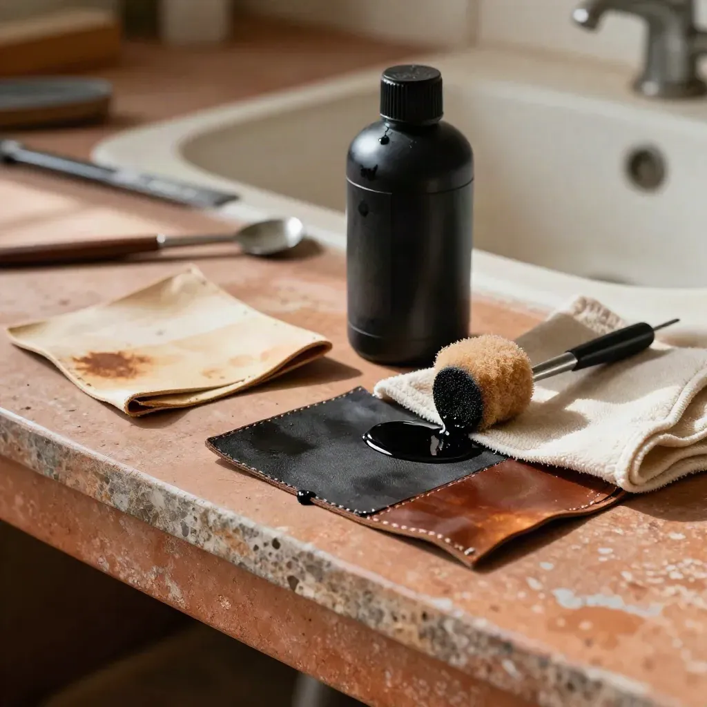 Black leather dye bottle with dauber, swatches, and stained cloth on terracotta shelf
