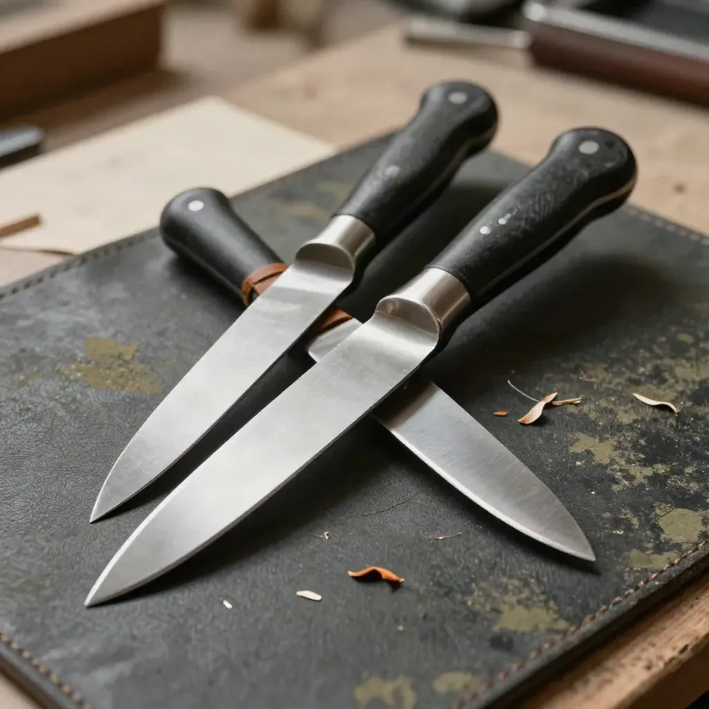 Cobbler knife set with leather strip and wood shaving on a dark leather mat.