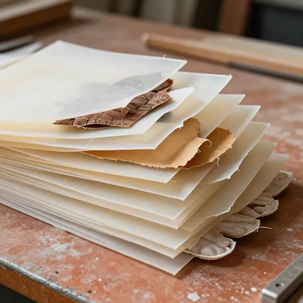 Semi-translucent toe puff sheets fanned open on a terracotta bench with saddle-brown scraps.