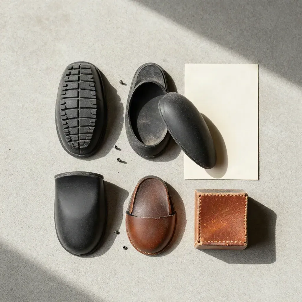 Overhead flat lay of rubber heel caps, nails and a worn heel block on concrete
