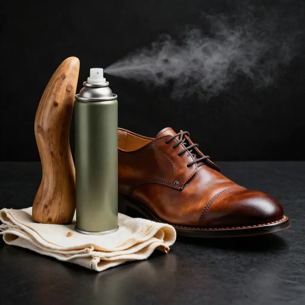 Shoe stretch spray can, cedar shoe tree, opened derby upper, and cloth in dramatic studio light