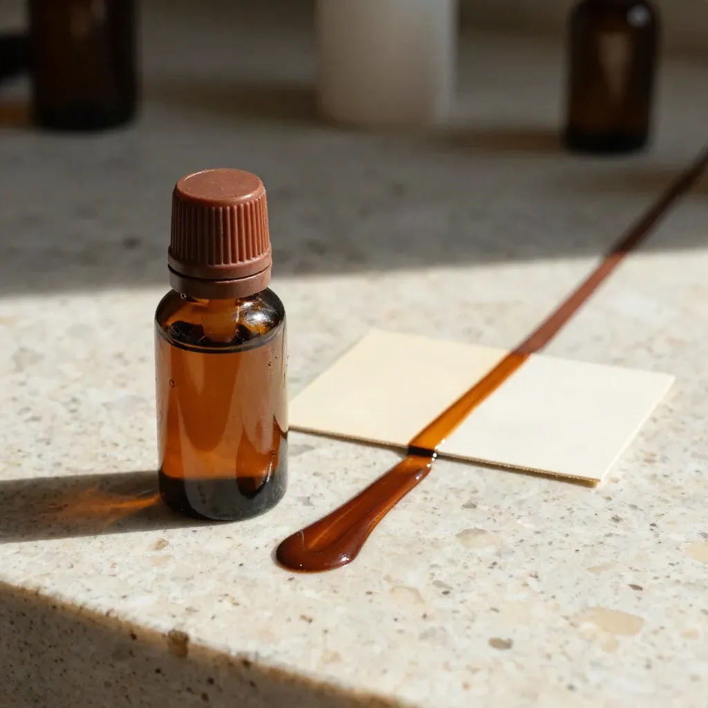 Brown edge dressing bottle with dauber, leather swatches, and glossy edge sample on travertine.
