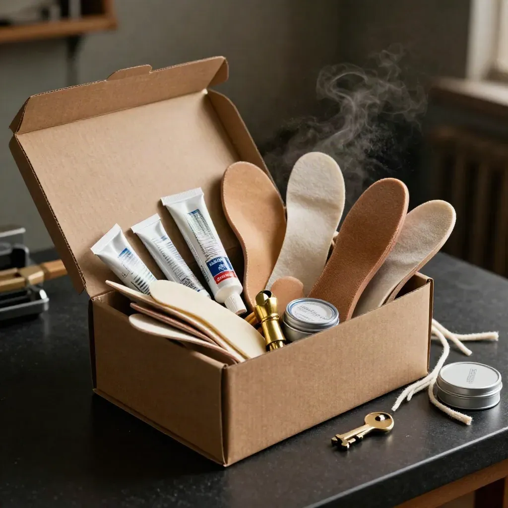 Open kraft box with glue, soles, taps, polish and laces spilling across a dark workbench