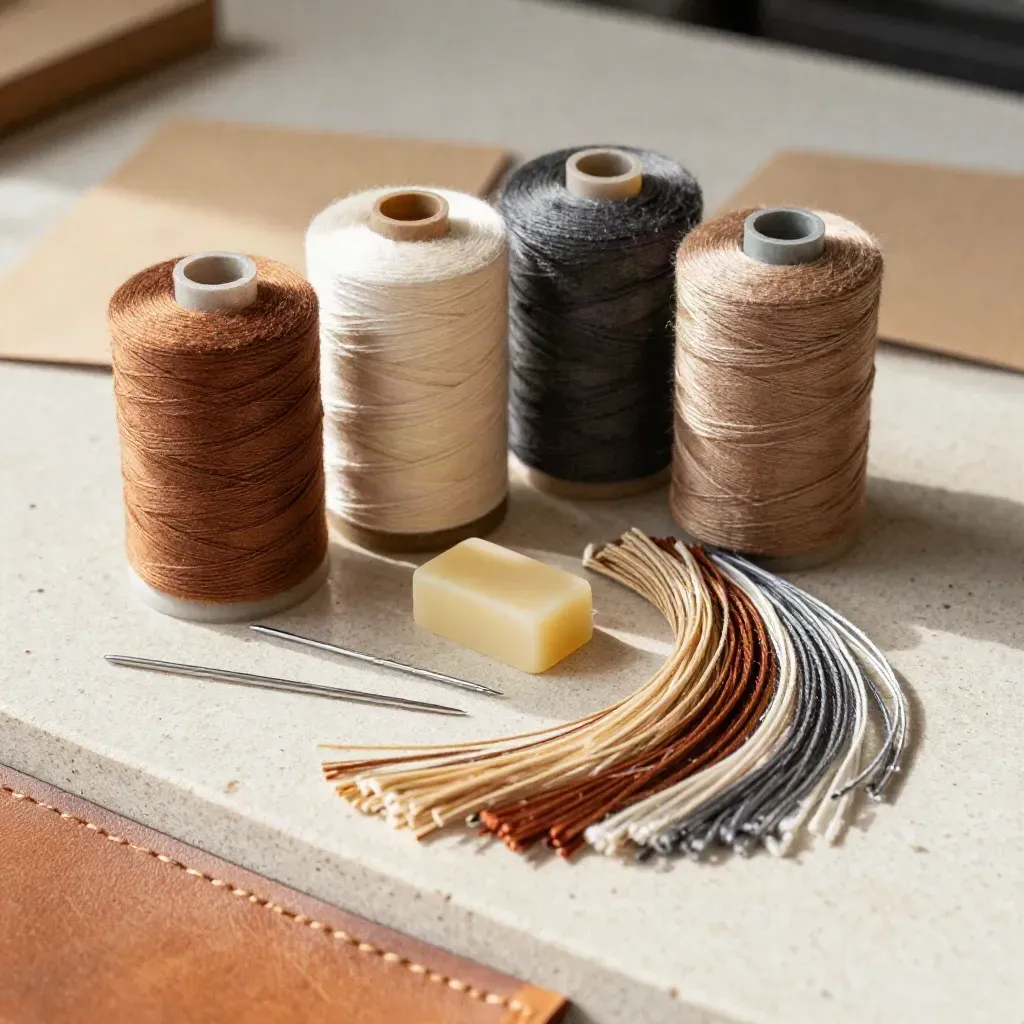 Mixed-colour repair thread kit with spools, needles, wax block and fanned thread on cream stone.