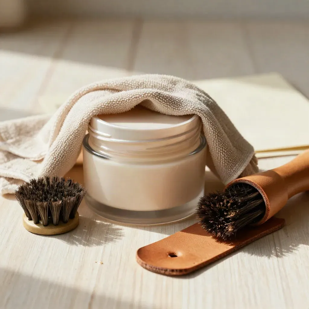 Leather conditioner jar with cloth, dauber brush and leather offcuts on pale wood.
